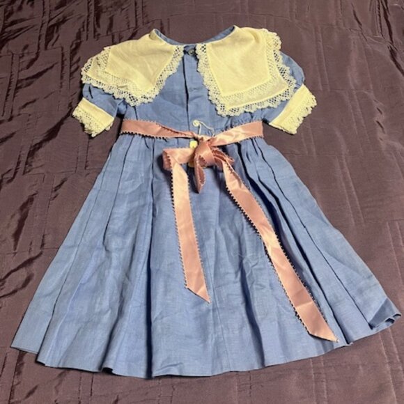Girls VTG Cotton Blend Easter Dress Double Lace Collars Sleeves Pink Sash Size 4 - Picture 2 of 14